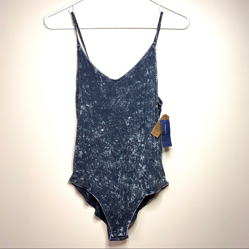 AEO Dark Acid Wash Gray Strappy Bodysuit